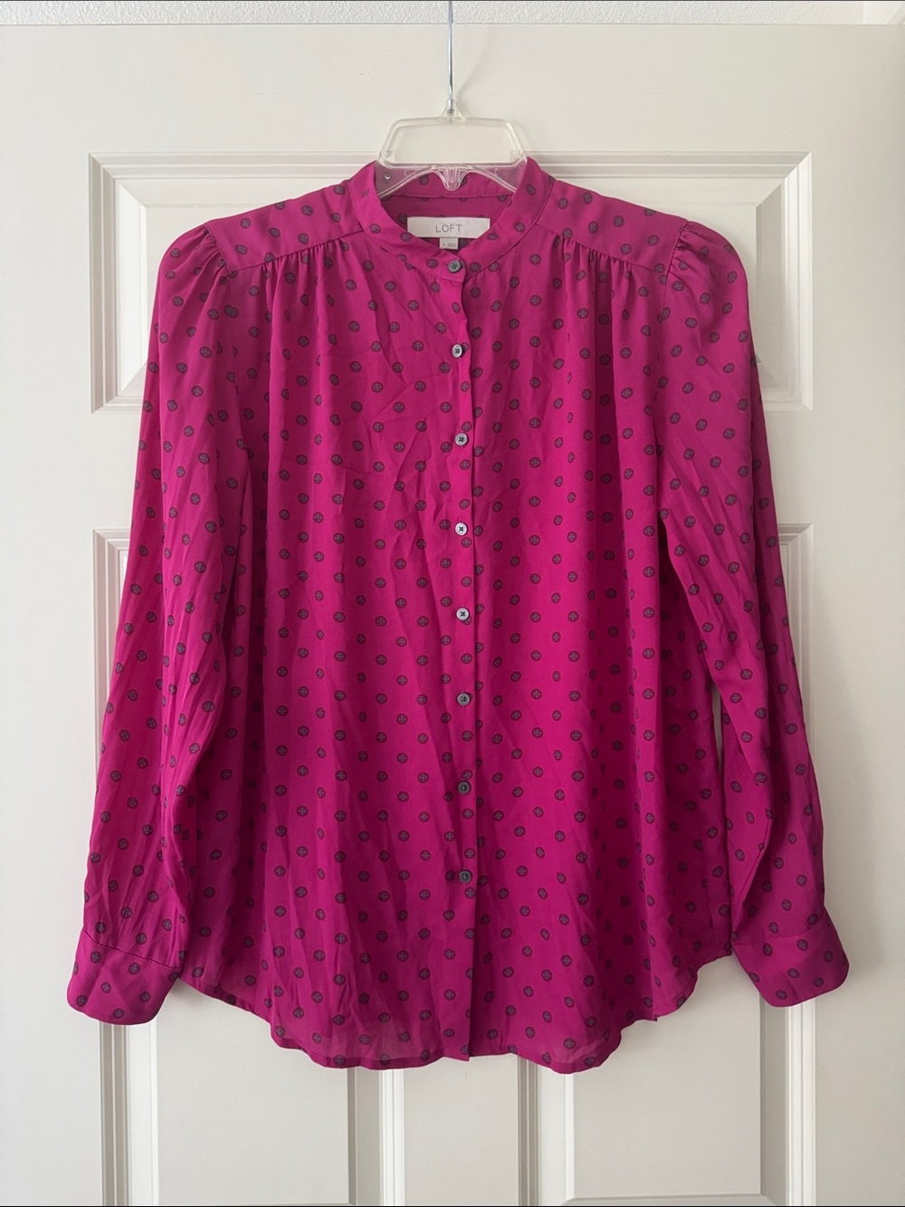 LOFT Fuchsia Button-Front Blouse with Dot Print size M